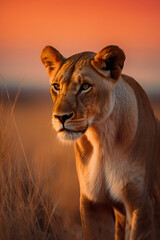 Lioness on the Savannah at Dusk: Vibrant Orange and Pink Landscape