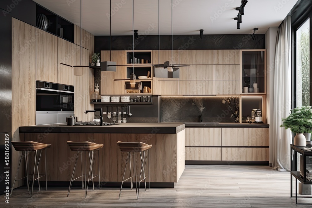 Poster spacious kitchen design with ample counter space and seating options. generative ai