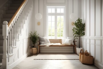 cozy hallway with a bench, plants, and a rug. Generative AI