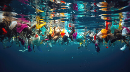 Sustainability themed background with space for copy, featuring an artistic arrangement of plastic waste items commonly found in the ocean. Generative AI