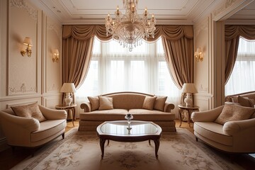 Fototapeta premium beautifully designed living room with elegant furniture and a sparkling chandelier. Generative AI