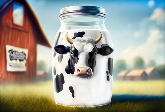 Jar with the head of a cow. In background a farm and nature. Animal welfare, dairy industry and dairy products concept. Krug mit dem Kopf einer Kuh, Bauernhof und Natur. Generative AI