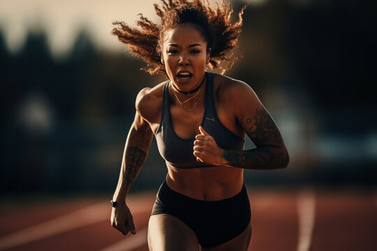 An inspiring, high-resolution photograph of a professional female athlete sprinting towards the finish line with fierce determination and unwavering focus.  generative ai