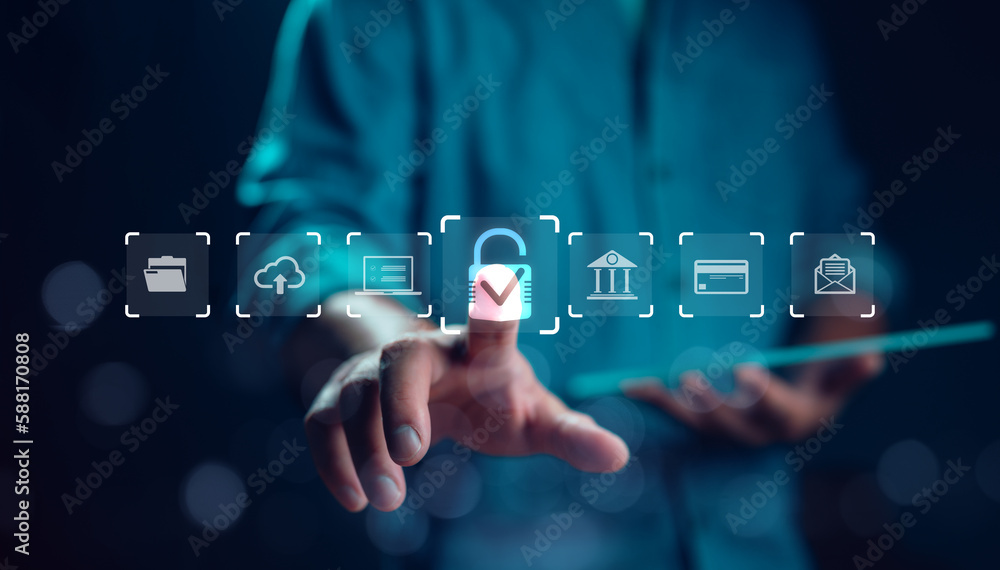 Aufkleber Cybersecurity privacy of data protection, businessman using tablet Secure encryption technology, security Internet access, security encryption of user private data, business confidentiality.