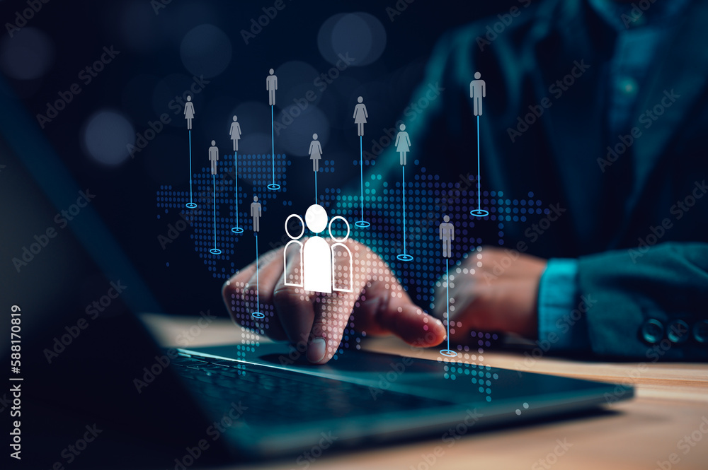 Poster Customer Relationship Management, Businessman use computer with global structure customer network technology, Data exchanges development. Customer service, social media. Digital marketing online