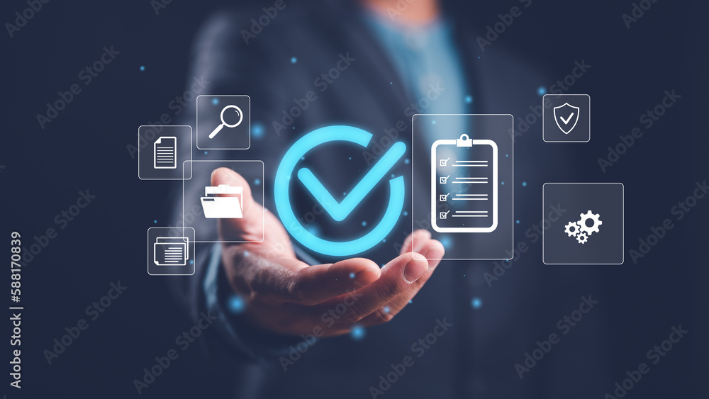 Aufkleber Quality management with Quality Assurance or QA and Quality Control or QC and improvement. Standardization, certification concept. Compliance to regulations and standards. Concept with manager.