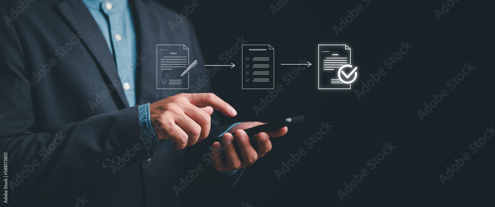 Aufkleber Businessman using mobile phone to tick mark on virtual document for online approve paperless quality assurance and ERP management, Prepare check and approve concept. Document management, paperless.