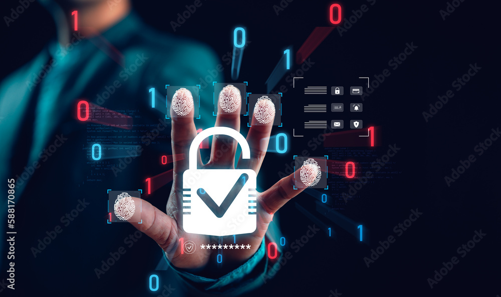 Poster User authentication system with fingerprint scanning technology Biometrics, cybersecurity, information security and encryption, secure Internet access, technology and cybernetics, security system.