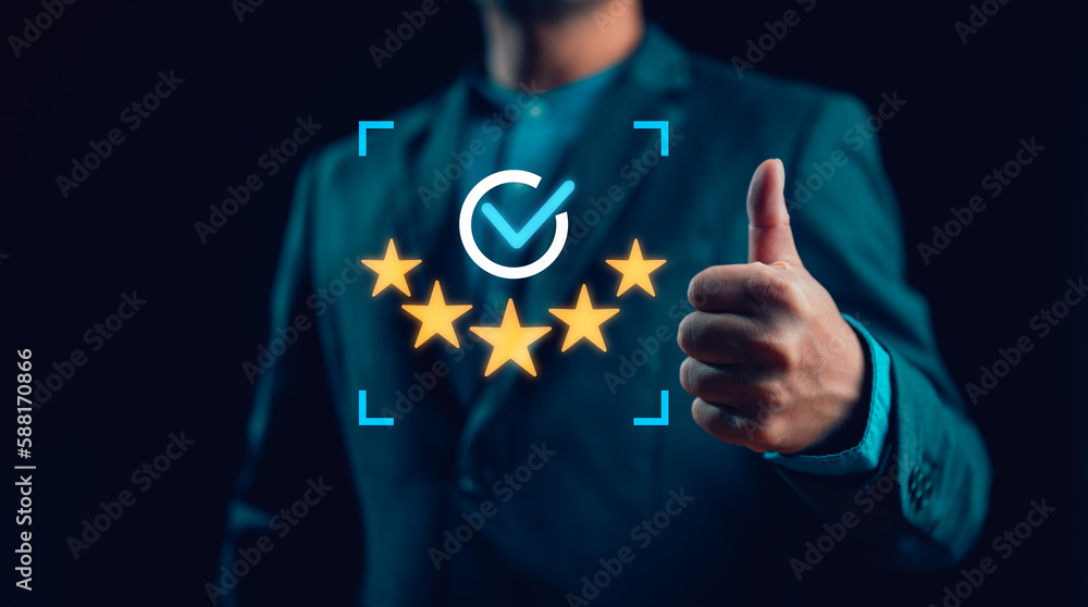Poster businessman thumb up with the sign of the top service the best quality assurance, guarantee, standar