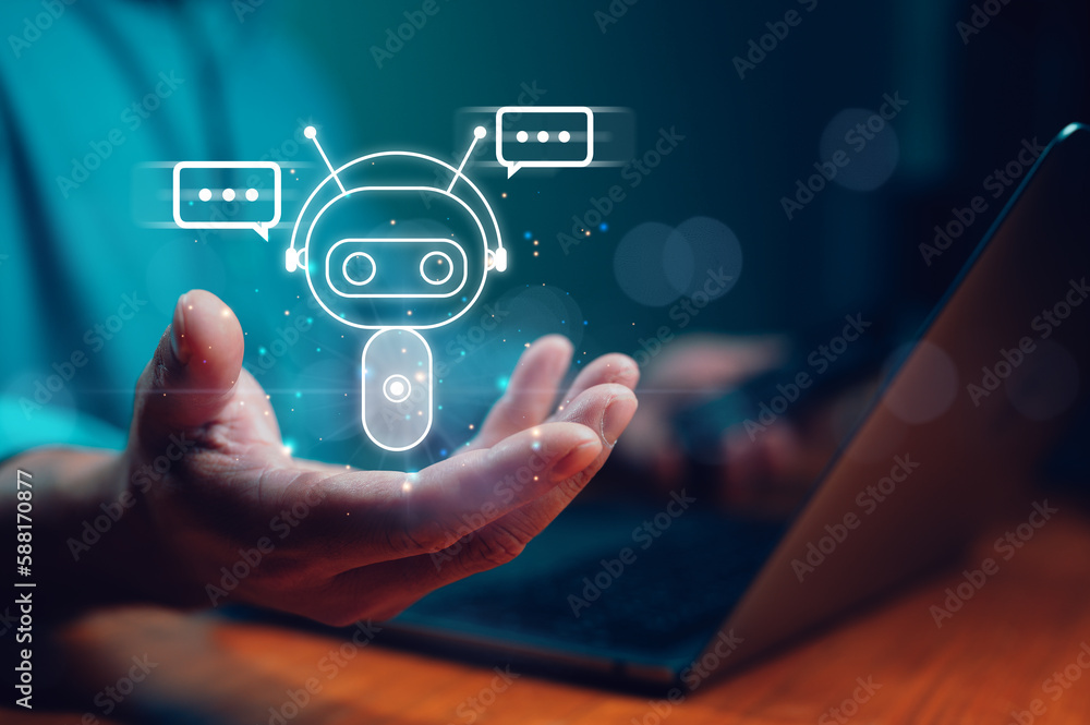 Poster Chatbot Chat with AI, Artificial Intelligence. Man using technology smart robot AI, artificial intelligence by enter command prompt for generates something, Futuristic technology transformation.