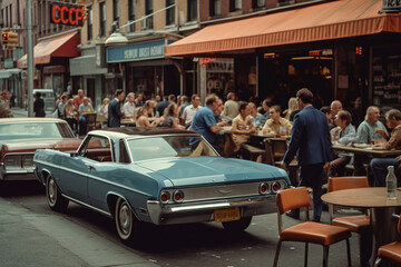 1970's New York City street cafe, captured in a timeless, cinematic style that transports viewers to a bygone era. generative ai,