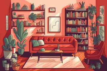 Cozy Living Room with a Couch, Chair and Bookshelf. Generative AI