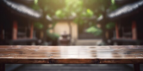 empty table top with out of focus lights and bokeh on Chinese terrace in the background .Generative AI
