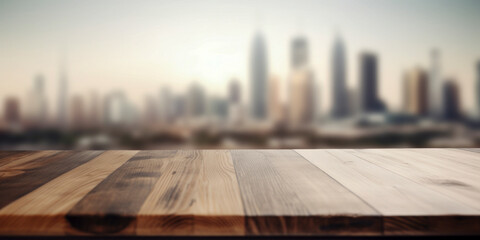 empty table top with out of focus lights and bokeh on modern city background.Generative AI