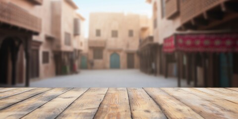 empty table top with out of focus of an Arab street.Generative AI