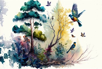 Colorful Forest Scene with Birds. Mountains and palm trees in jungle rainforest. Watercolor abstract Background