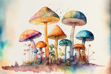 Colorful Whimsical Mushrooms. Abstract psychedelic Watercolor Art Print.