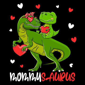 MommySaurus , Mama T-Rex and Baby Dinosaurus With Hearts T-Shirt Design For Mother's Day EPS. SVG. File vector illustration character design  Doodle Funny cartoon style