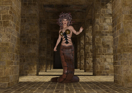 3D Render : Medusa, Gorgon character from Greek Mythology hide in the ancient mystery temple
