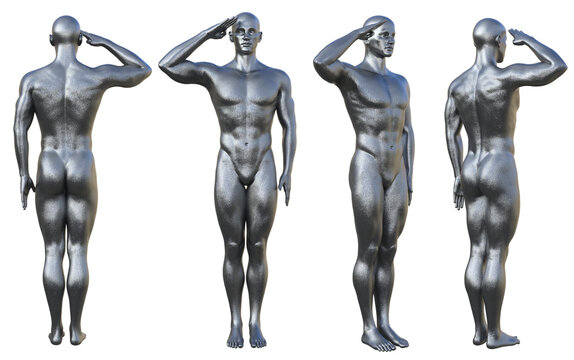 3D Render : Portrait of silver, iron metal texture male dummy character perform  salute action, PNG transparent