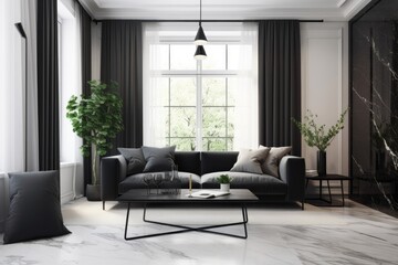 modern black and white living room with elegant marble flooring. Generative AI