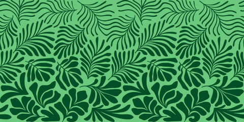 Green abstract background with tropical palm leaves in Matisse style. Vector seamless pattern with Scandinavian cut out elements. - obrazy, fototapety, plakaty