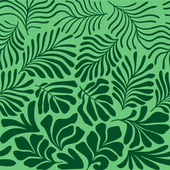 Green abstract background with tropical palm leaves in Matisse style. Vector seamless pattern with Scandinavian cut out elements.