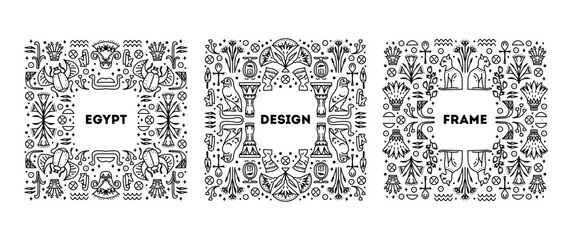 Set of Egypt cover templates, decorative african borders, geometric ethnic frames. Black and white art decoration shapes set. African collection