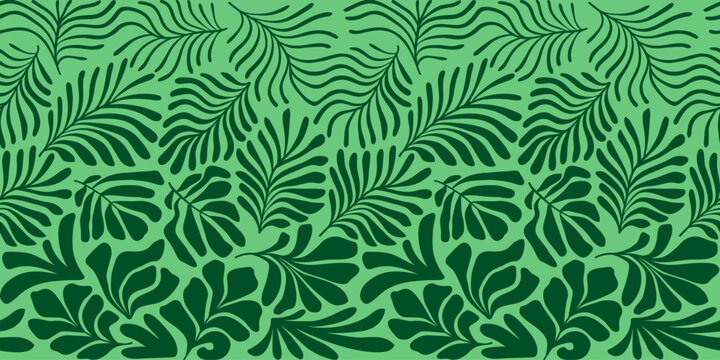 Green abstract background with tropical palm leaves in Matisse style. Vector seamless pattern with Scandinavian cut out elements.