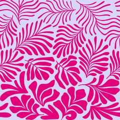 Purple pink abstract background with tropical palm leaves in Matisse style. Vector seamless pattern with Scandinavian cut out elements.
