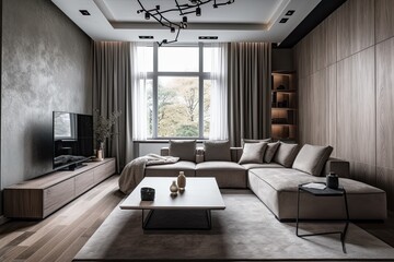 Fototapeta premium modern living room with a comfortable sofa, coffee table and TV. Generative AI