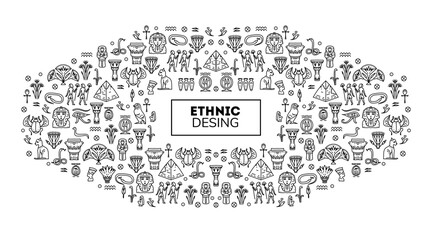 Egipt cover template, decorative african border. Black and white art decoration shapes. Line style with space for text - geometric ethnic frame, luxury packaging, advertising, banner.