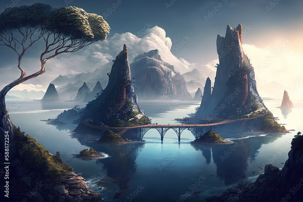 Poster bridge-connected island in the middle of the ocean, surrounded by mountains generative ai