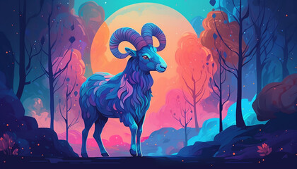 Aries Zodiac Sign in a Pastel Mid-shot Illustration against a Starry Night Sky Conveying Curiosity and Playfulness - Generative AI