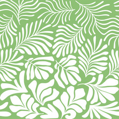 Fototapeta na wymiar Green white abstract background with tropical palm leaves in Matisse style. Vector seamless pattern with Scandinavian cut out elements.