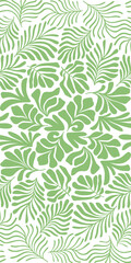 Fototapeta na wymiar Green white abstract background with tropical palm leaves in Matisse style. Vector seamless pattern with Scandinavian cut out elements.