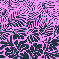 Pink abstract background with tropical palm leaves in Matisse style. Vector seamless pattern with Scandinavian cut out elements.