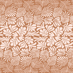 Brown beige abstract background with tropical palm leaves in Matisse style. Vector seamless pattern with Scandinavian cut out elements.
