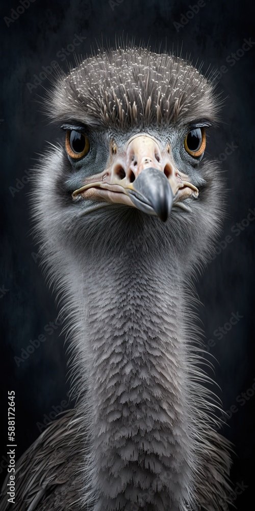 Poster blurred gray backdrop with a clear portrait of an ostrich generative ai