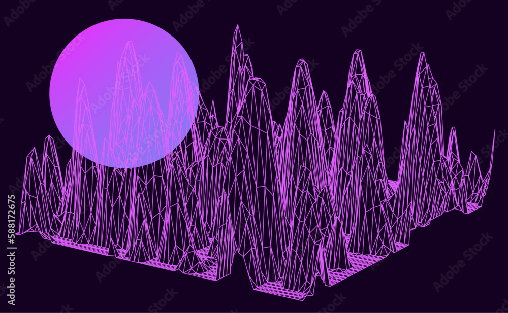 Poster 3D landscape made of a polygonal grid. Sci-fi vaporwave and synthwave style background. 