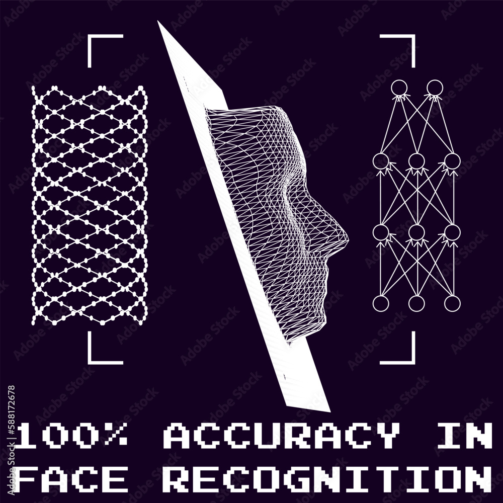 Fototapete Composition of 3D polygonal head made of mesh on a dark background and text 