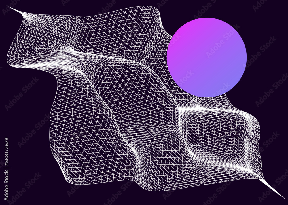 Poster 3D landscape made of a polygonal grid. Sci-fi vaporwave and synthwave style background. 