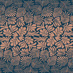 Brown blue abstract background with tropical palm leaves in Matisse style. Vector seamless pattern with Scandinavian cut out elements.