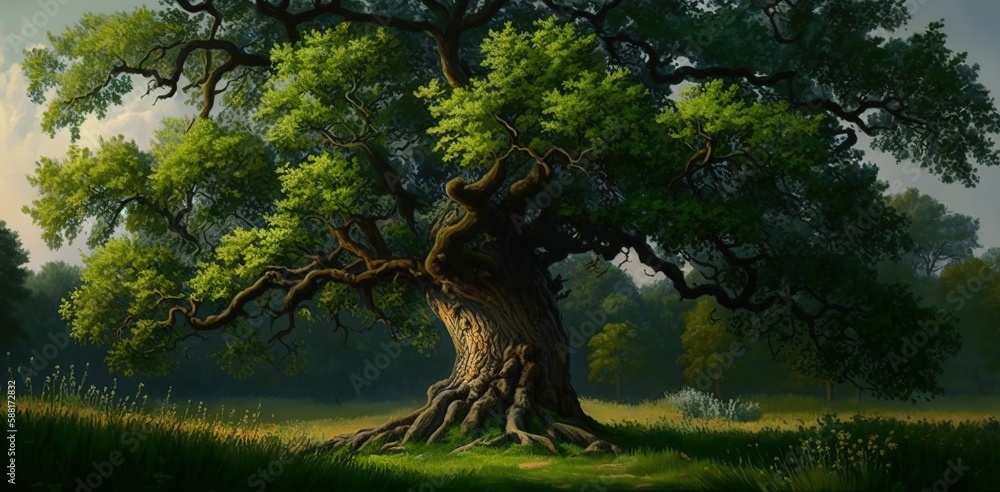 Poster meadow with an oak tree generative ai