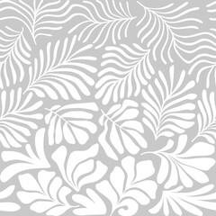 White gray abstract background with tropical palm leaves in Matisse style. Vector seamless pattern with Scandinavian cut out elements.