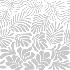White gray abstract background with tropical palm leaves in Matisse style. Vector seamless pattern with Scandinavian cut out elements.