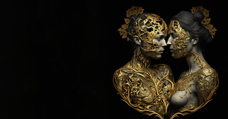two female with golden costume in the dark background (generative ai)