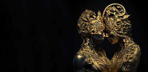 Illustration of golden statue of two woman bronze sculpture witth black background (generative ai)