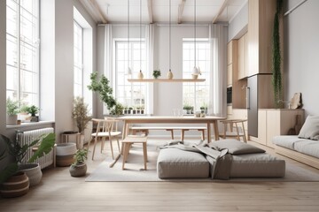 bright and airy living room with ample natural light and cozy furniture. Generative AI