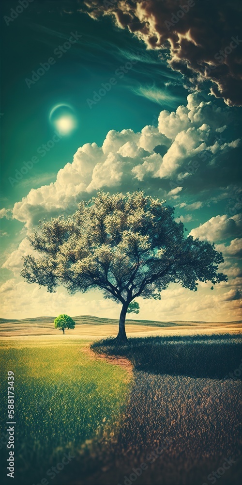 Poster green tree in the middle of a spring field with clouds and light in the background. filmic effect th